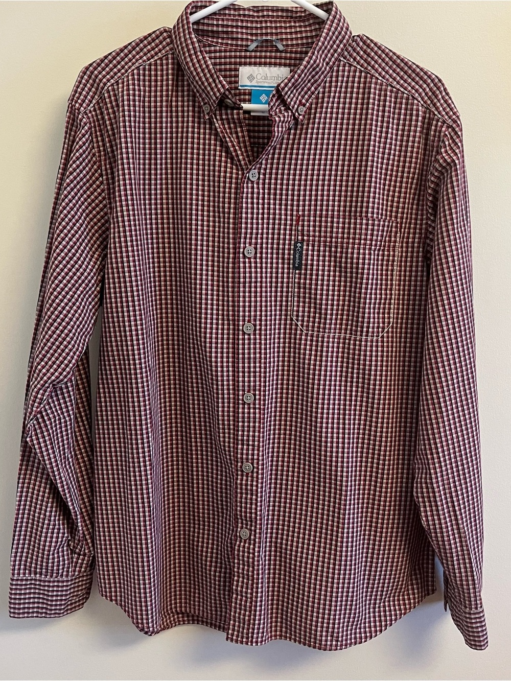 Columbia Mens Check Shirt Red White Black Long Sleeve Button Down Cotton Medium